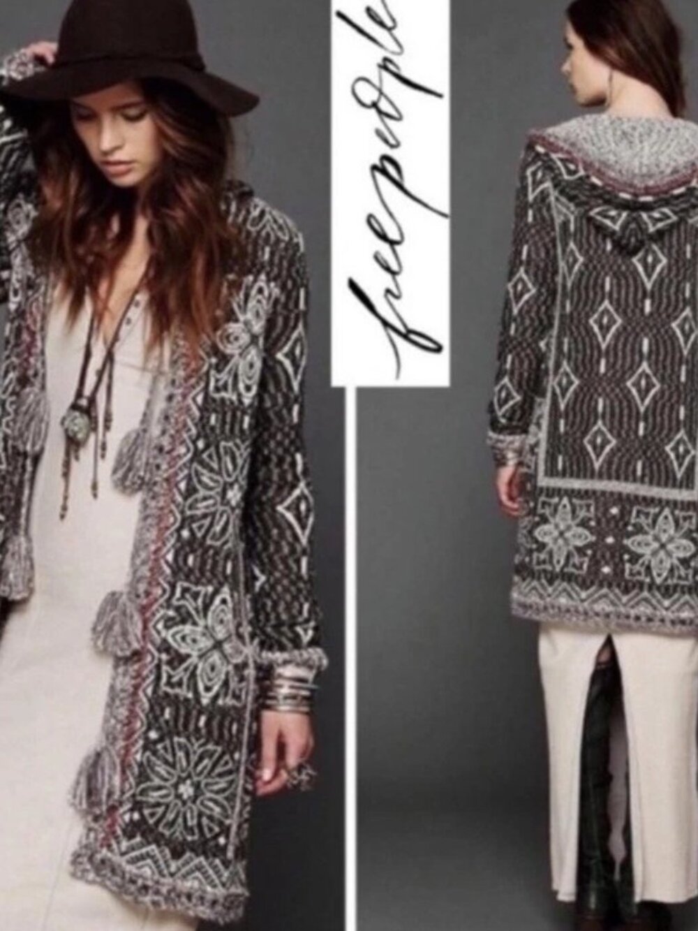 Free People Hooded Open-Front Cardigan in Brown, Cream and Rust